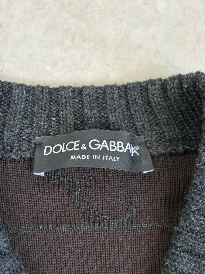 2000s Dolce & Gabbana Dark Grey Signature V-Neck Wool Sweater BwMQYbO 7
