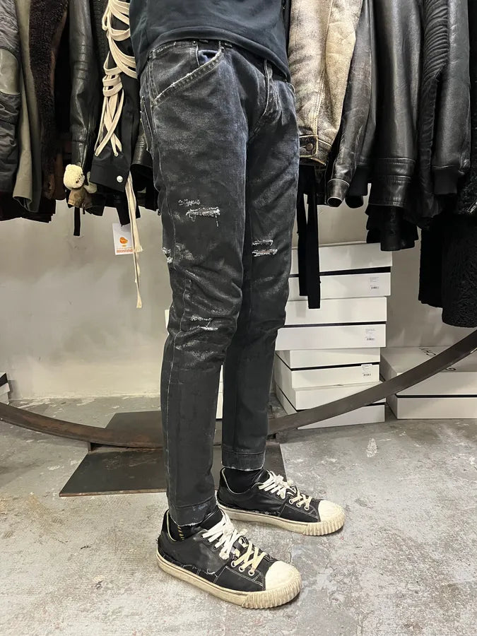 2000s Dolce & Gabbana Dark Waxed Destroyed Skinny Denim Jeans cOgTDVc 1