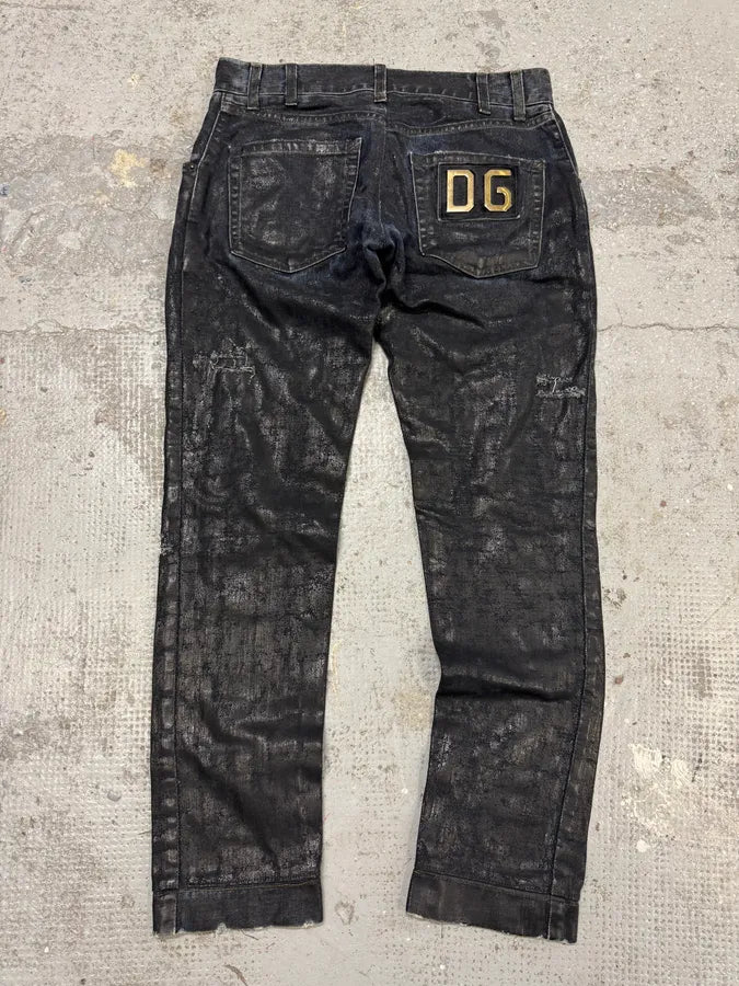 2000s Dolce & Gabbana Dark Waxed Destroyed Skinny Denim Jeans cOgTDVc 11