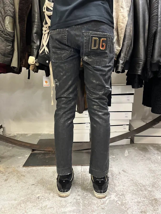 2000s Dolce & Gabbana Dark Waxed Destroyed Skinny Denim Jeans cOgTDVc 3
