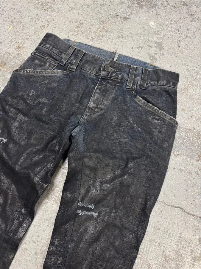 2000s Dolce & Gabbana Dark Waxed Destroyed Skinny Denim Jeans cOgTDVc 4