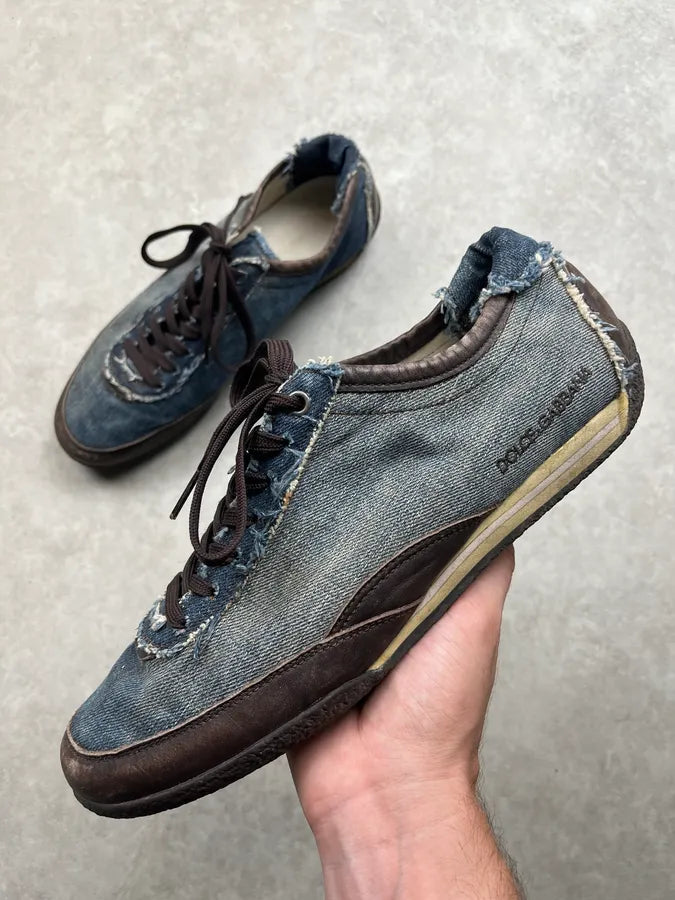 2000s Dolce & Gabbana Denim Distressed Blue Low Sneakers GZjaaYO 0
