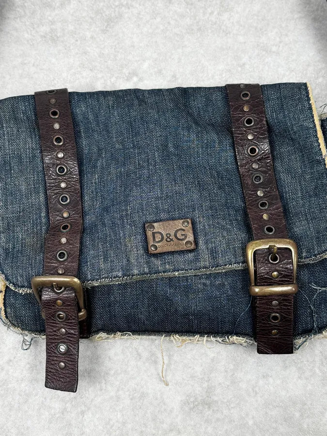 2000s Dolce & Gabbana Denim Studded Brown Leather Shoulder Bag swHkMrR 4