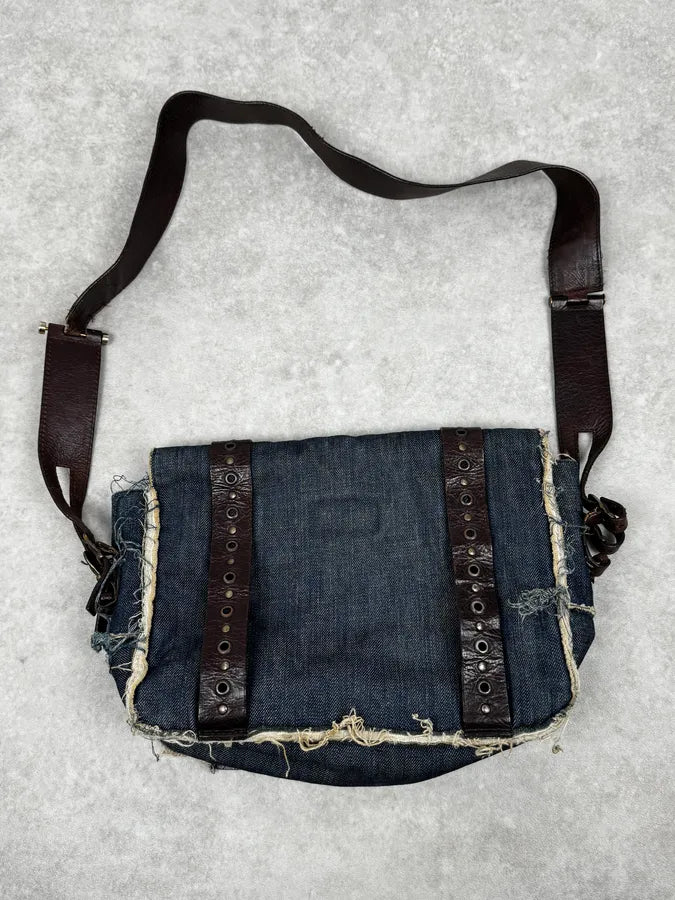 2000s Dolce & Gabbana Denim Studded Brown Leather Shoulder Bag swHkMrR 3