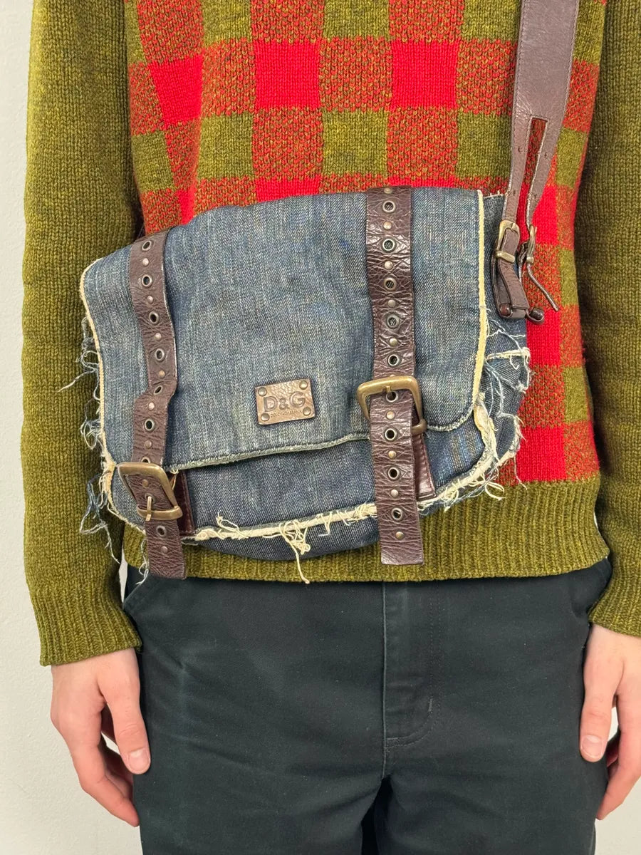 2000s Dolce & Gabbana Denim Studded Brown Leather Shoulder Bag swHkMrR 1