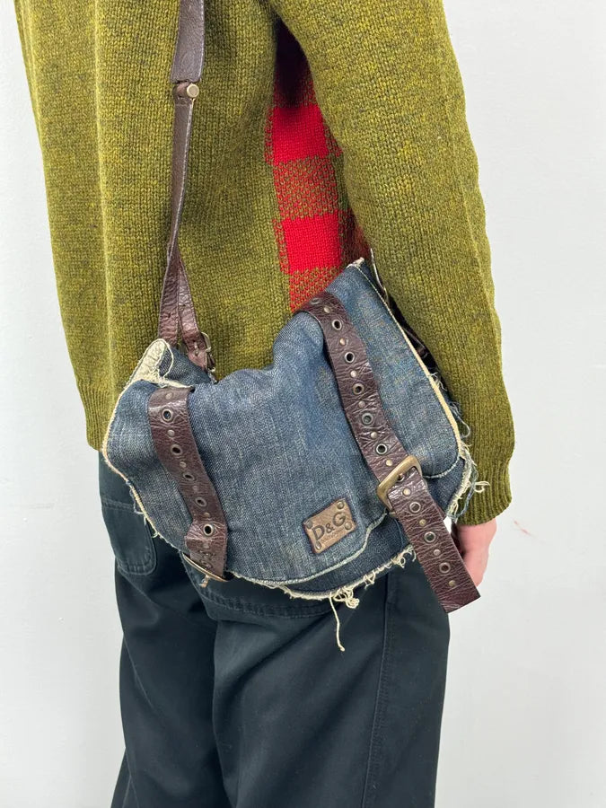 2000s Dolce & Gabbana Denim Studded Brown Leather Shoulder Bag swHkMrR 2