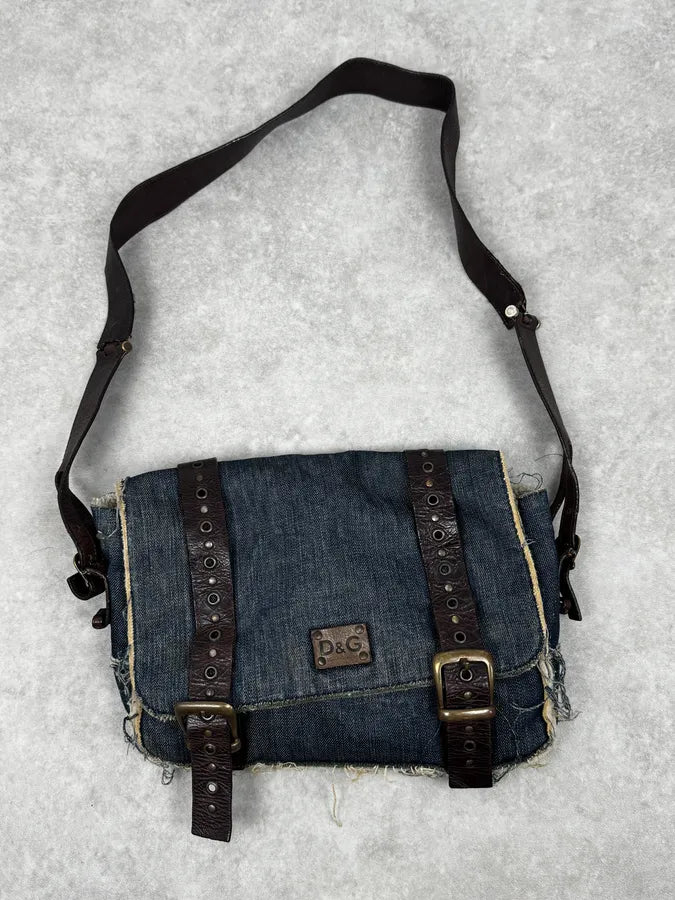 2000s Dolce & Gabbana Denim Studded Brown Leather Shoulder Bag swHkMrR 0