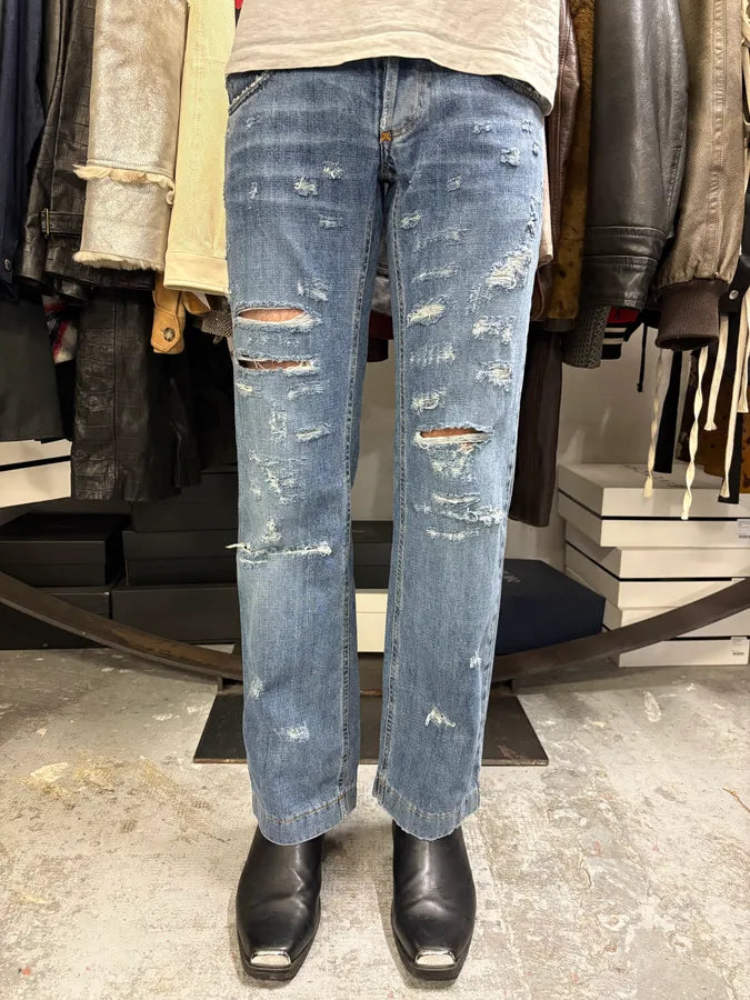 2000s Dolce & Gabbana Destroyed Blue Denim Jeans HtTxqar 1