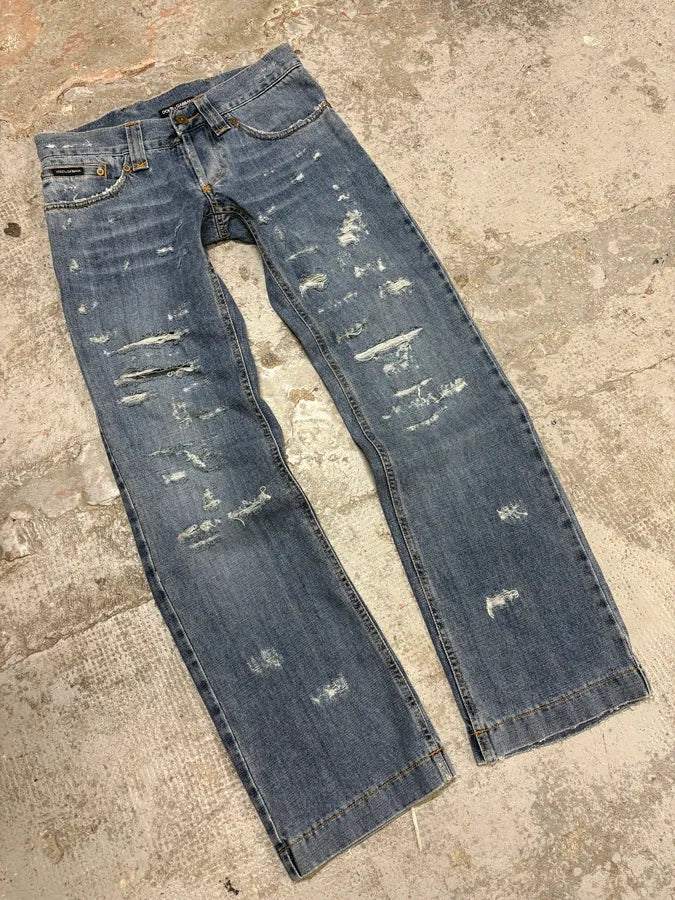 2000s Dolce & Gabbana Destroyed Blue Denim Jeans HtTxqar 4