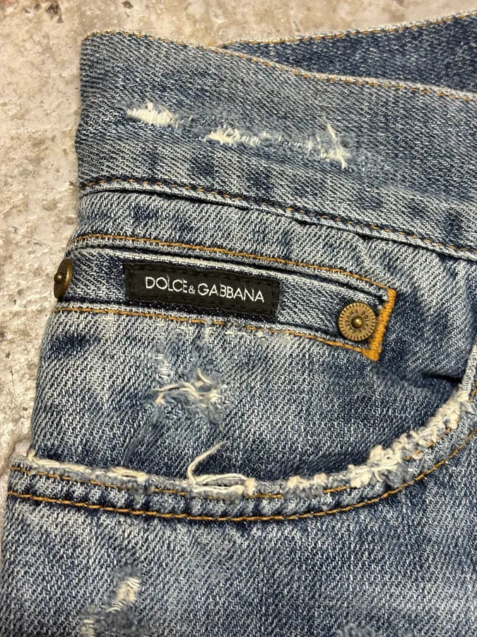 2000s Dolce & Gabbana Destroyed Blue Denim Jeans HtTxqar 8