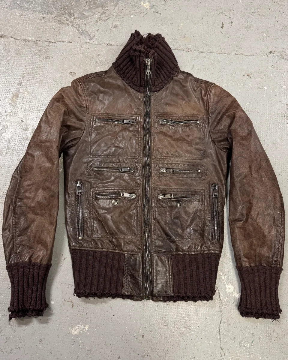 2000s Dolce & Gabbana Destroyed Wool Multi-Zip Brown Leather Jacket (M) 0