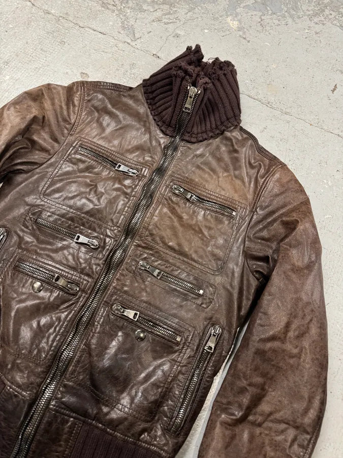 2000s Dolce & Gabbana Destroyed Wool Multi-Zip Brown Leather Jacket (M) 1