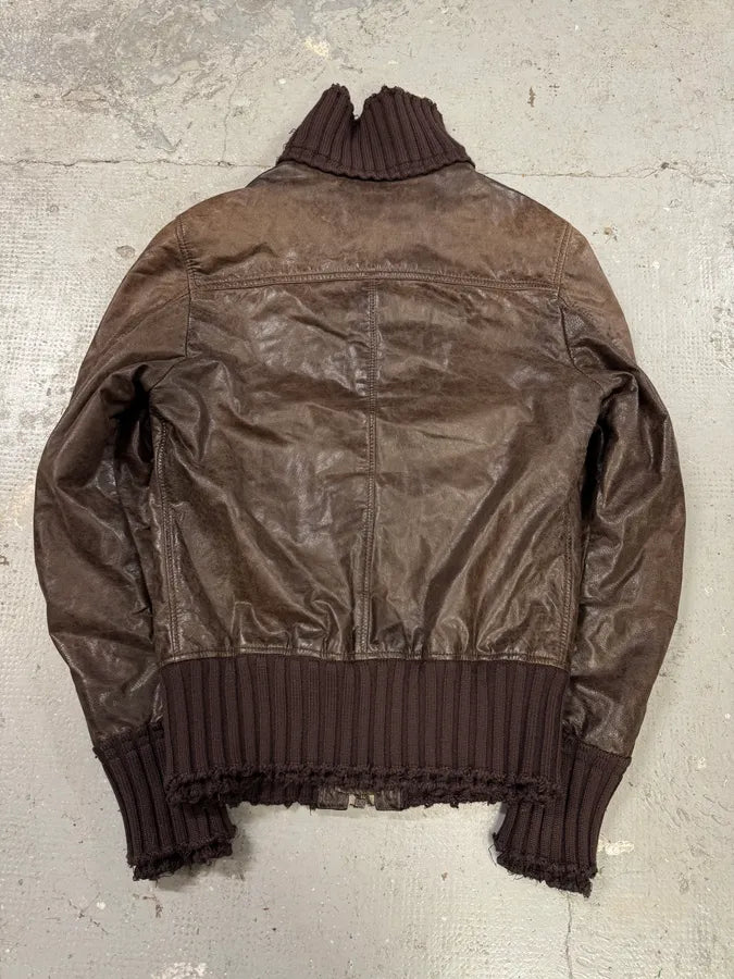 2000s Dolce & Gabbana Destroyed Wool Multi-Zip Brown Leather Jacket (M) 2