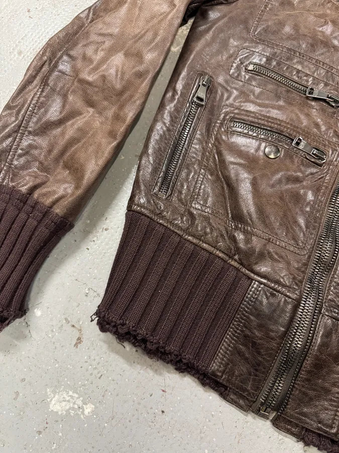 2000s Dolce & Gabbana Destroyed Wool Multi-Zip Brown Leather Jacket (M) 3