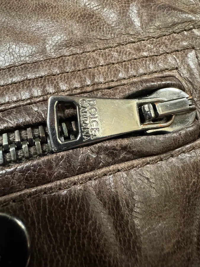 2000s Dolce & Gabbana Destroyed Wool Multi-Zip Brown Leather Jacket (M) 4