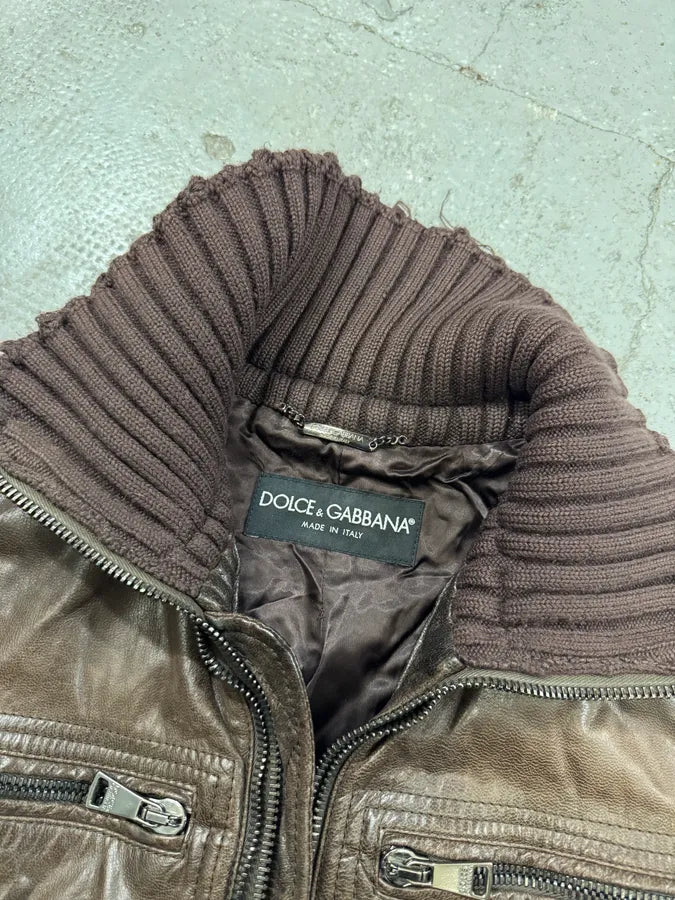 2000s Dolce & Gabbana Destroyed Wool Multi-Zip Brown Leather Jacket (M) 5