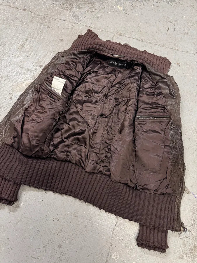 2000s Dolce & Gabbana Destroyed Wool Multi-Zip Brown Leather Jacket (M) 6