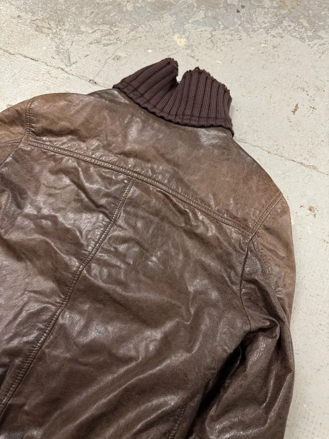 2000s Dolce & Gabbana Destroyed Wool Multi-Zip Brown Leather Jacket (M) 7