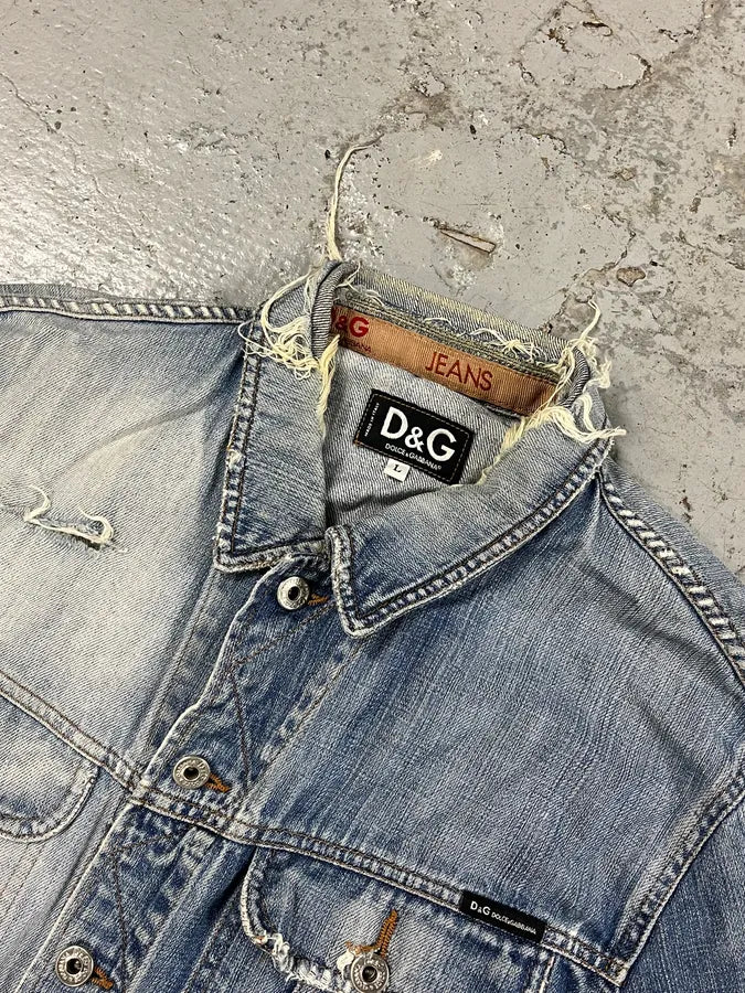 2000s Dolce & Gabbana Distressed Blue Denim Jacket OFkAmMB 4