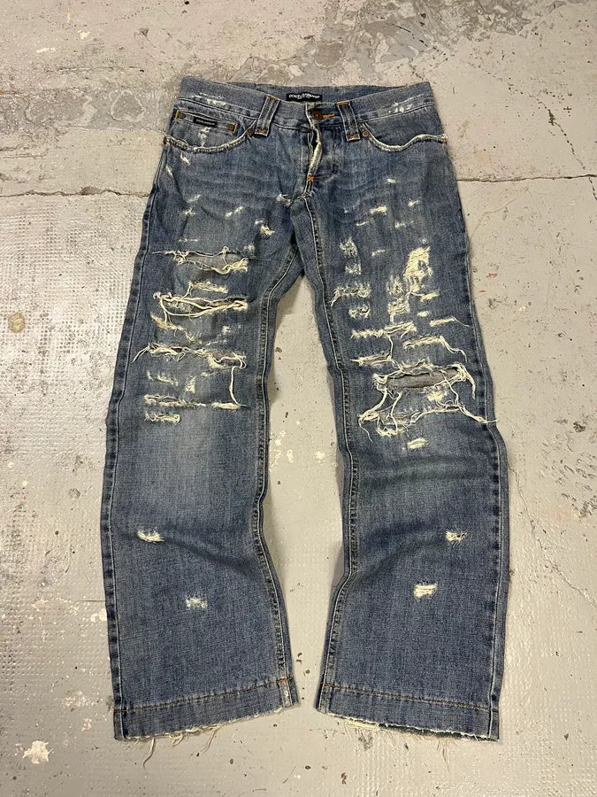 2000s Dolce & Gabbana Distressed Blue Denim Jeans QcOHjOp 0