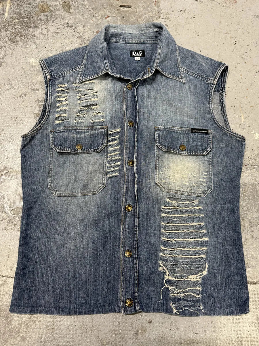 2000s Dolce & Gabbana Distressed Blue Denim Vest NgtSlLt 0