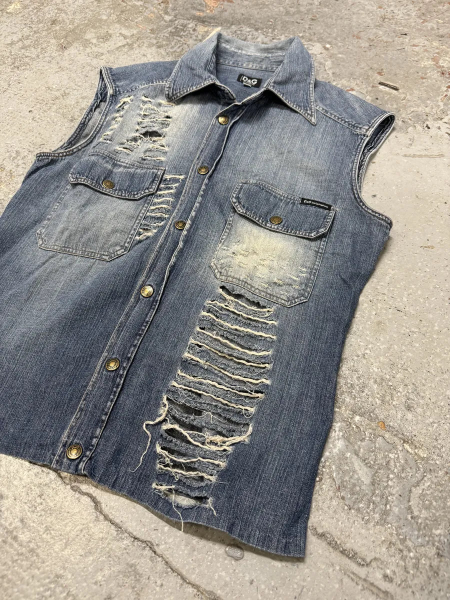 2000s Dolce & Gabbana Distressed Blue Denim Vest NgtSlLt 2