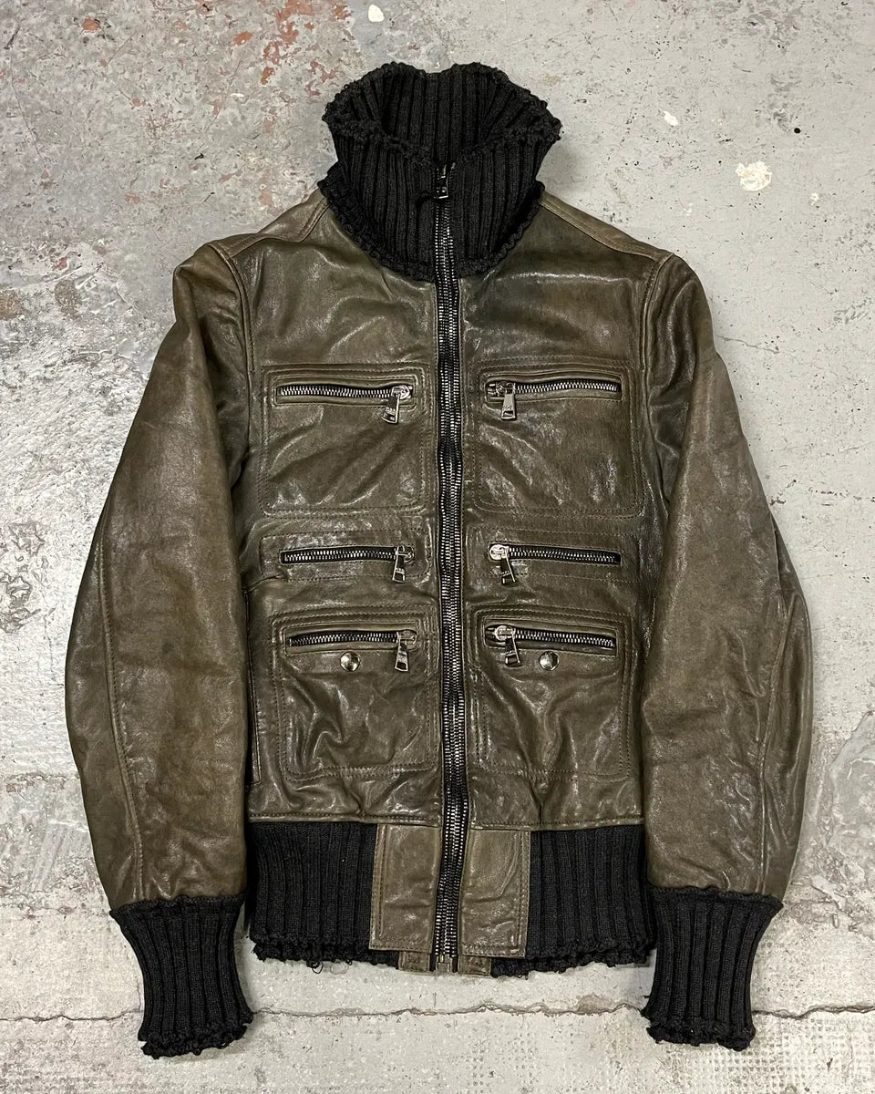 2000s Dolce & Gabbana Distressed Brown Multi-Zip Leather Jacket kaaygYg 0