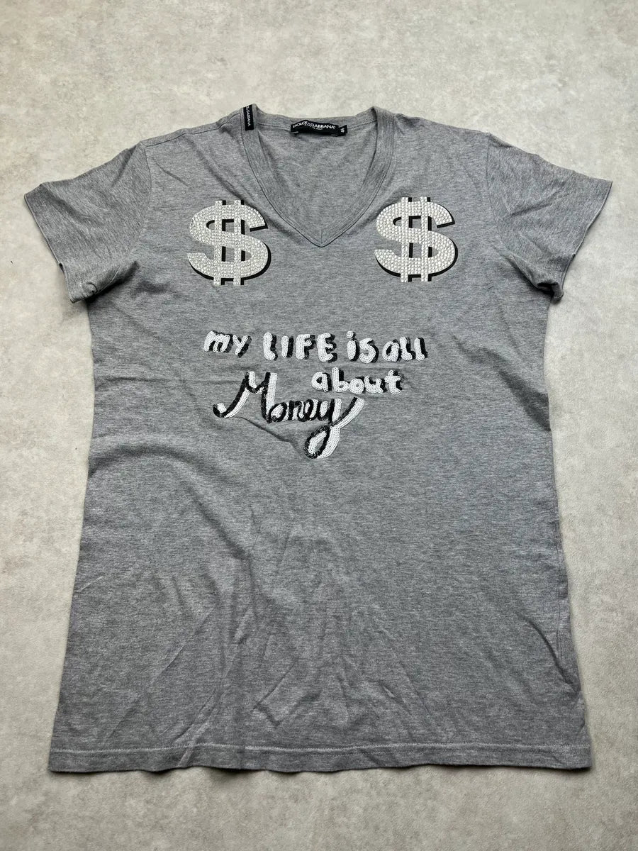 2000s Dolce & Gabbana Dollar Sign Embellished Grey T-Shirt oChbkKe 0