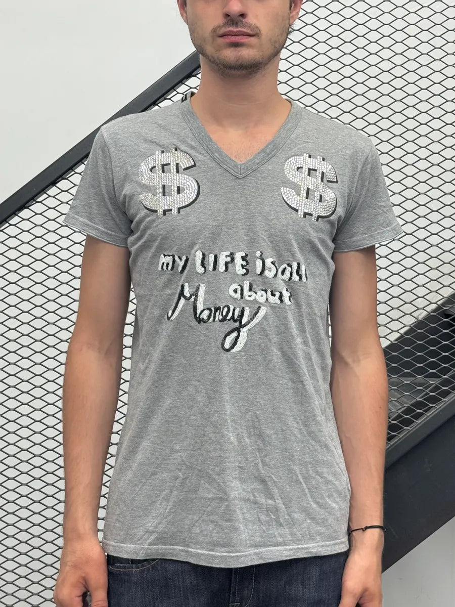 2000s Dolce & Gabbana Dollar Sign Embellished Grey T-Shirt oChbkKe 1