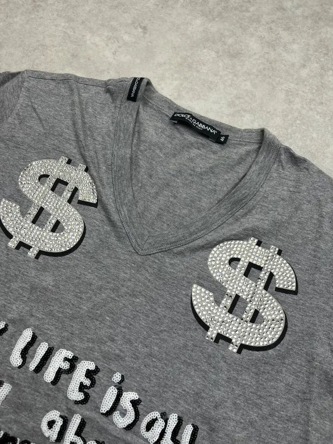 2000s Dolce & Gabbana Dollar Sign Embellished Grey T-Shirt oChbkKe 3