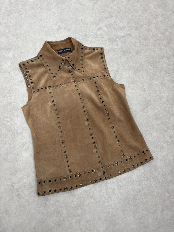 SS2006 Dolce & Gabbana Eyled Beige Suede Leather Sleeveless Shirt Collar Top KLqPGeR 3