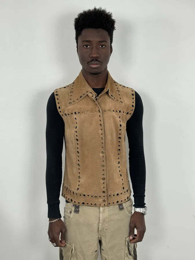 SS2006 Dolce & Gabbana Eyled Beige Suede Leather Sleeveless Shirt Collar Top KLqPGeR 1