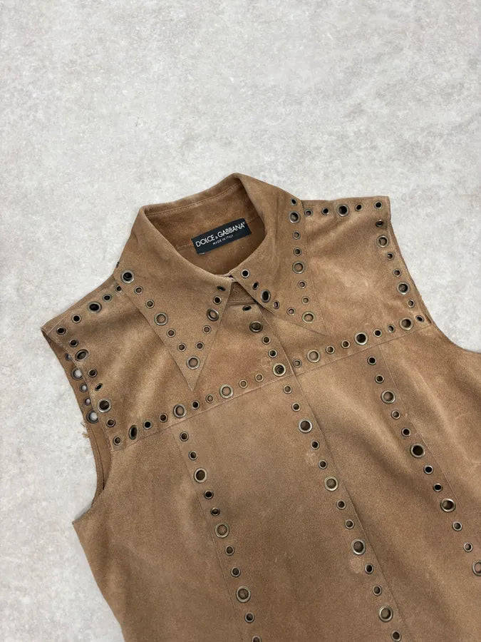 SS2006 Dolce & Gabbana Eyled Beige Suede Leather Sleeveless Shirt Collar Top KLqPGeR 4