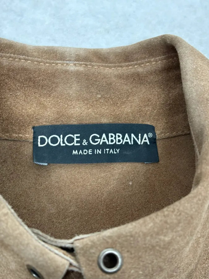 SS2006 Dolce & Gabbana Eyled Beige Suede Leather Sleeveless Shirt Collar Top KLqPGeR 8