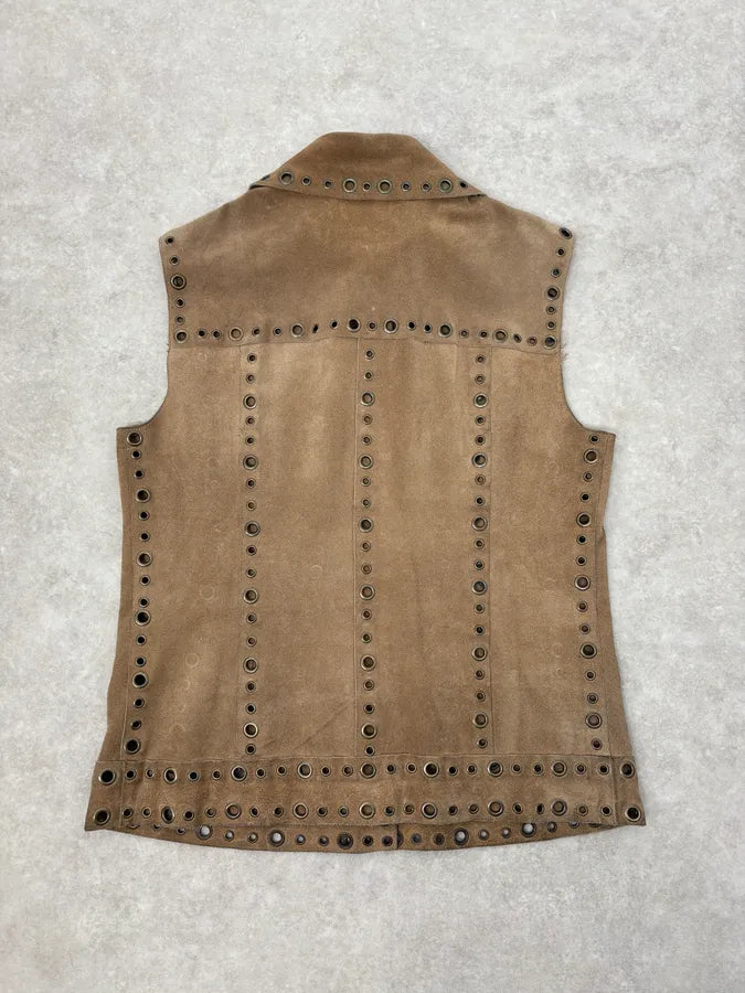 SS2006 Dolce & Gabbana Eyled Beige Suede Leather Sleeveless Shirt Collar Top KLqPGeR 5