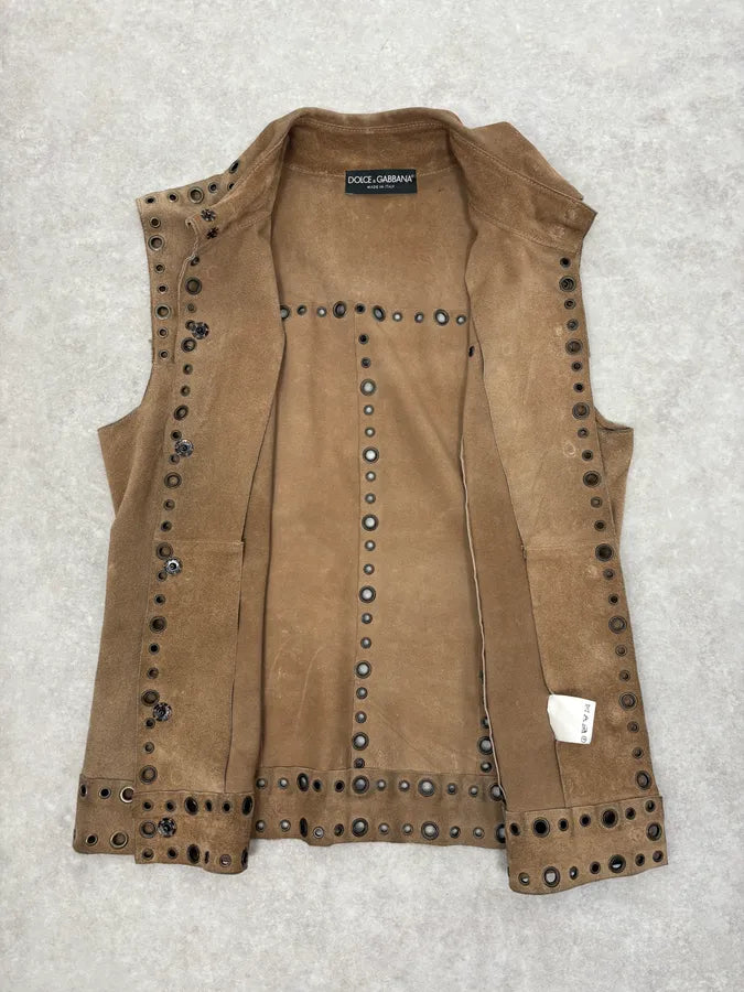 SS2006 Dolce & Gabbana Eyled Beige Suede Leather Sleeveless Shirt Collar Top KLqPGeR 6