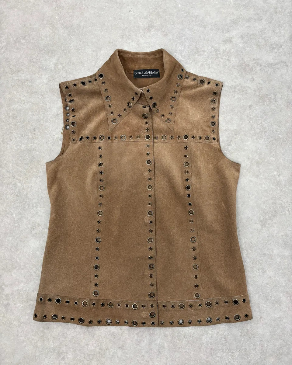 SS2006 Dolce & Gabbana Eyled Beige Suede Leather Sleeveless Shirt Collar Top KLqPGeR 0