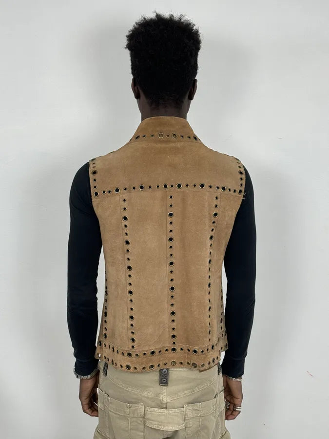 SS2006 Dolce & Gabbana Eyled Beige Suede Leather Sleeveless Shirt Collar Top KLqPGeR 2