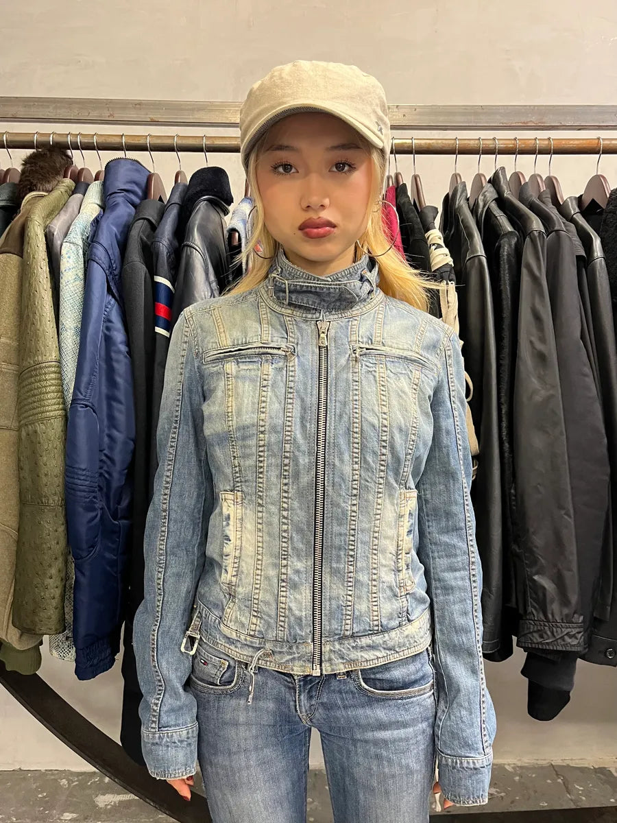 2000s Dolce & Gabbana Faded Biker Blue Denim Jacket zjFrDWp 0