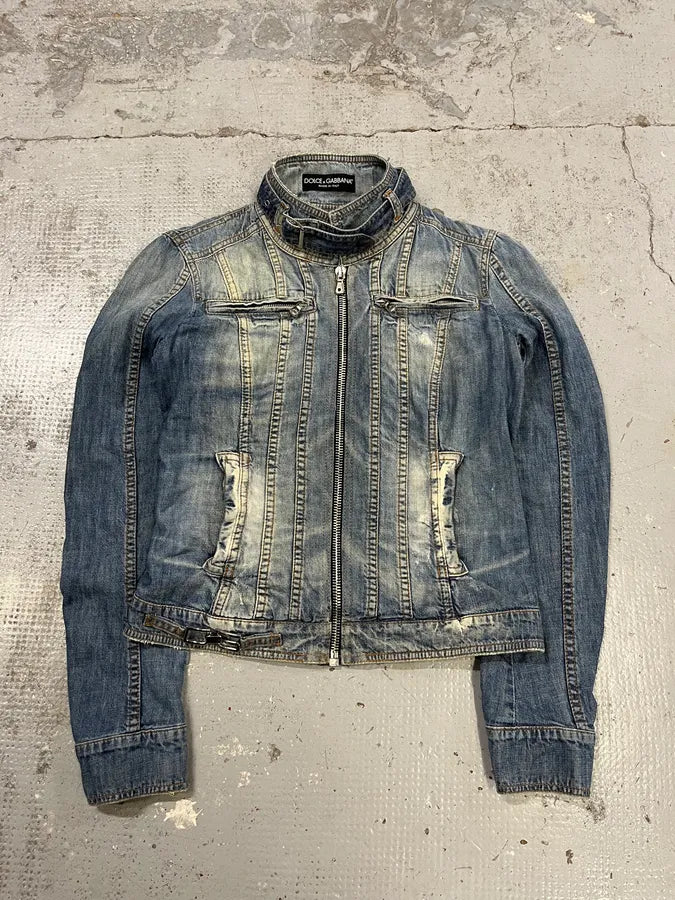 2000s Dolce & Gabbana Faded Biker Blue Denim Jacket zjFrDWp 2