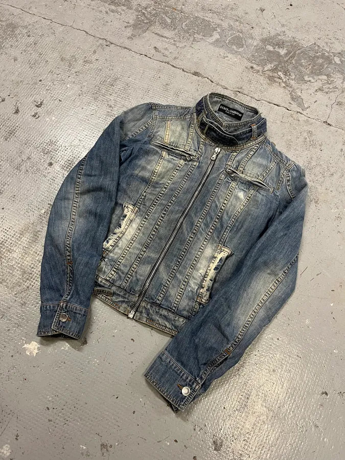 2000s Dolce & Gabbana Faded Biker Blue Denim Jacket zjFrDWp 3