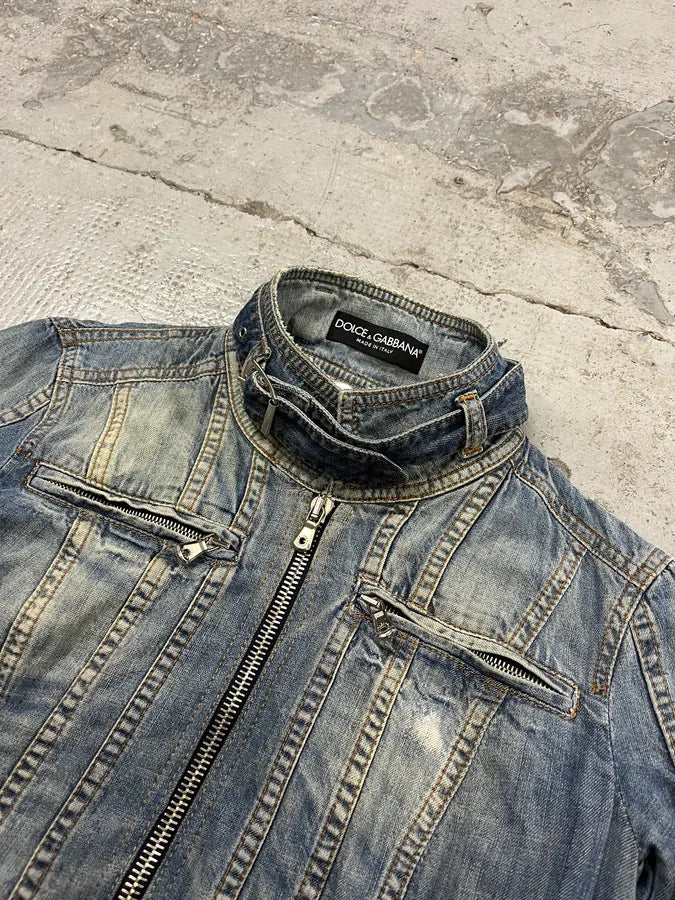 2000s Dolce & Gabbana Faded Biker Blue Denim Jacket zjFrDWp 4