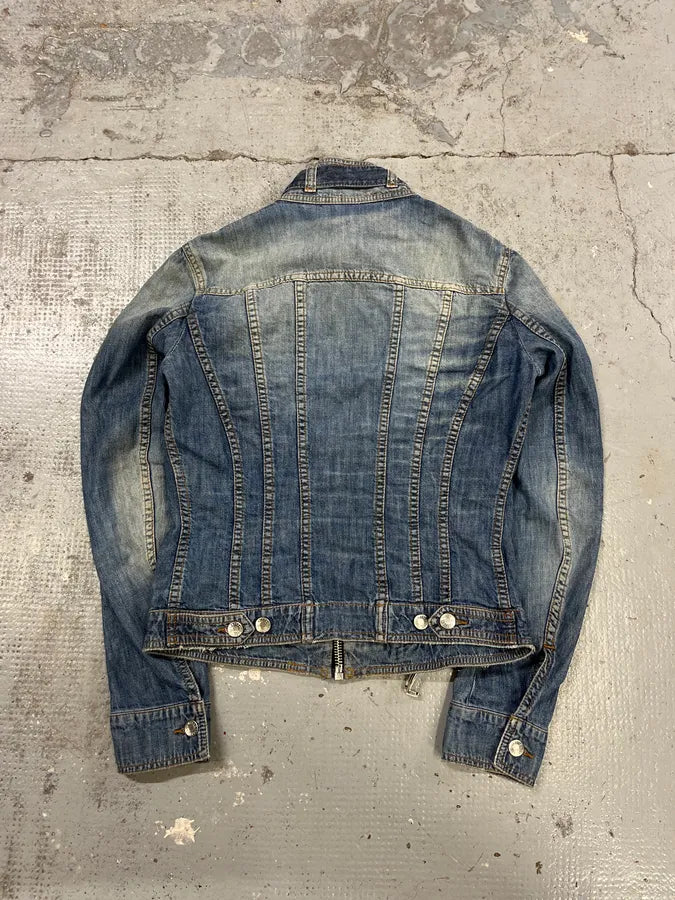 2000s Dolce & Gabbana Faded Biker Blue Denim Jacket zjFrDWp 6
