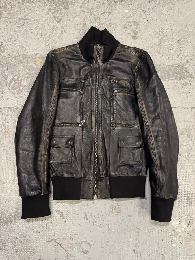 2000s Dolce & Gabbana Faded Brown Leather Zip Jacket GUObMua 0