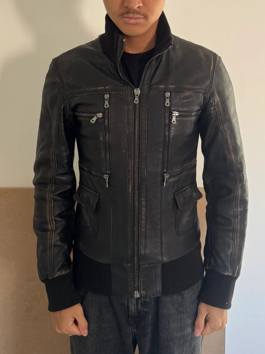 2000s Dolce & Gabbana Faded Brown Leather Zip Jacket GUObMua 1