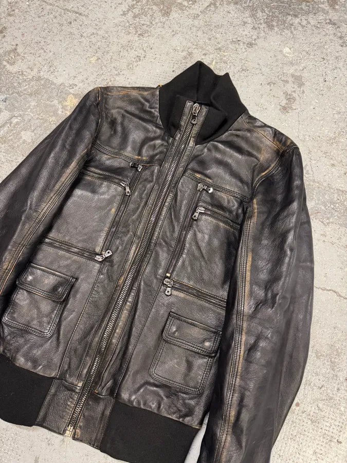2000s Dolce & Gabbana Faded Brown Leather Zip Jacket GUObMua 3