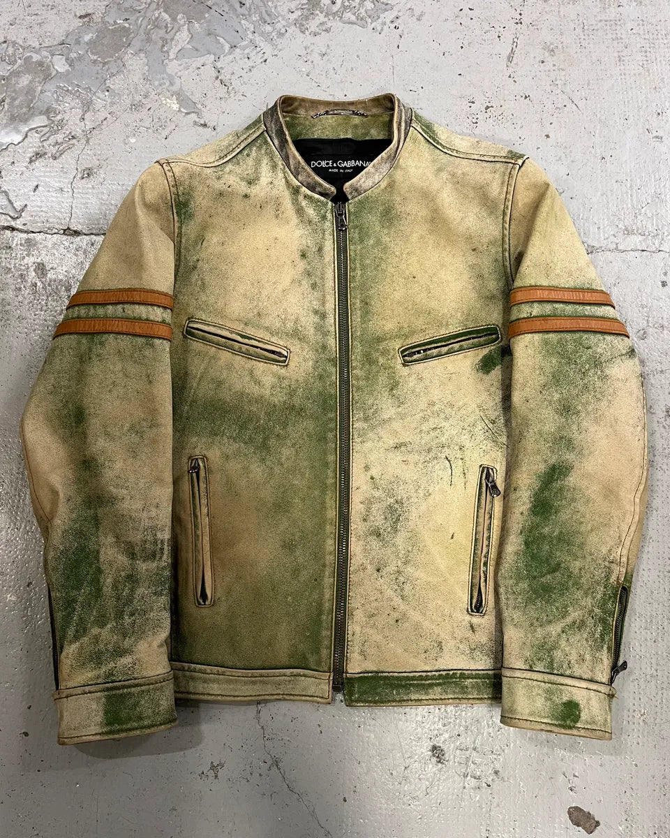 2000s Dolce & Gabbana Faded Green Eroded Leather Moto Jacket msLWcDr 0