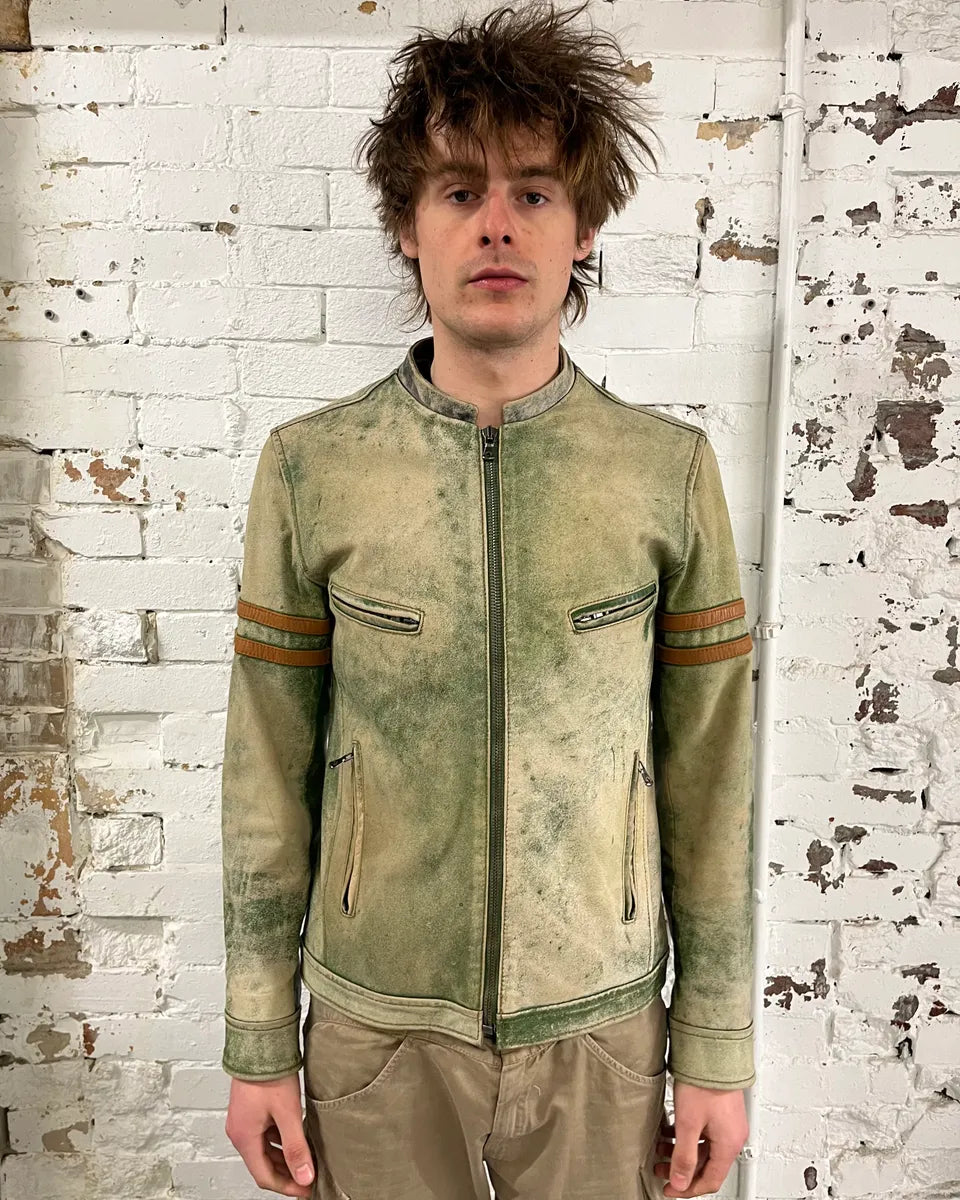2000s Dolce & Gabbana Faded Green Eroded Leather Moto Jacket msLWcDr 1