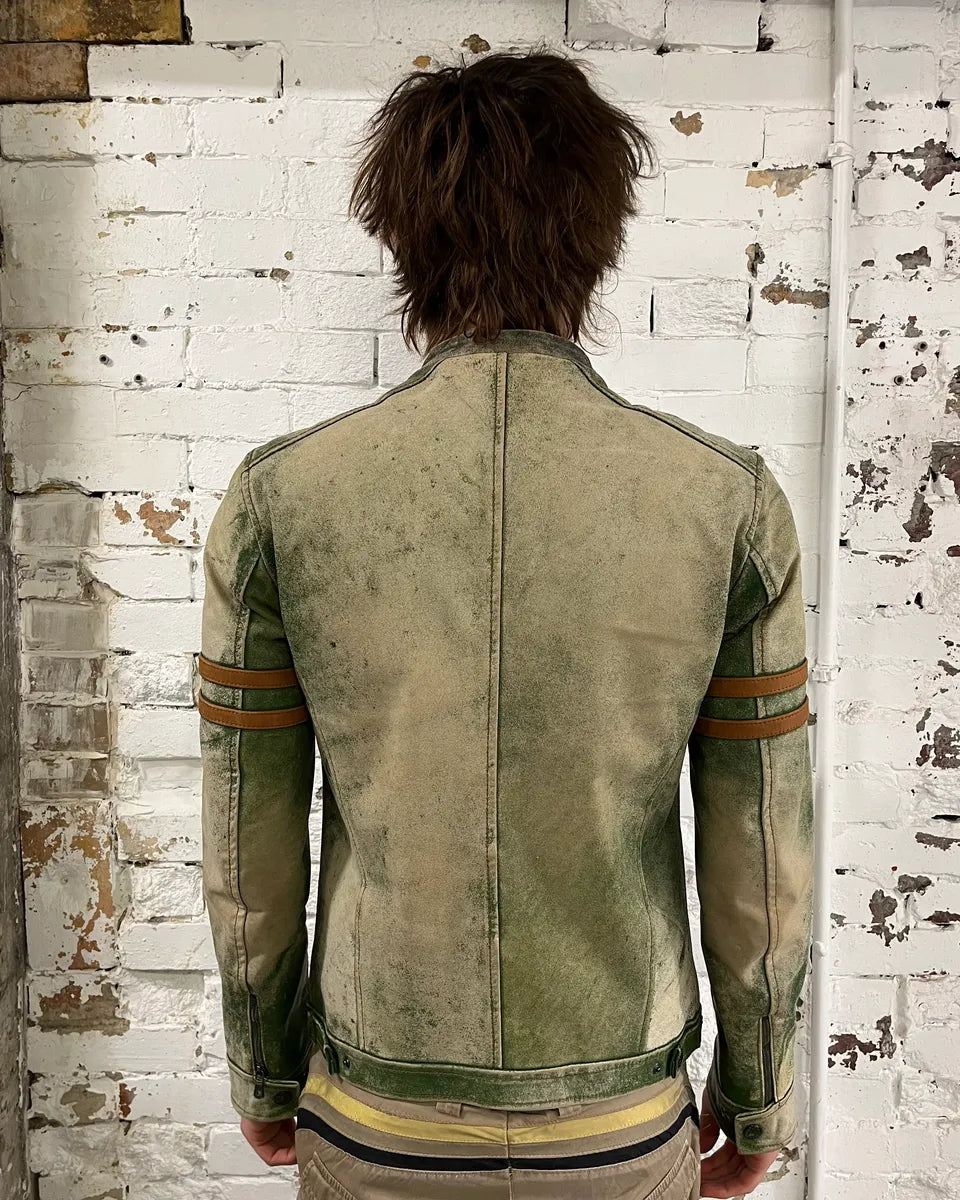 2000s Dolce & Gabbana Faded Green Eroded Leather Moto Jacket msLWcDr 2