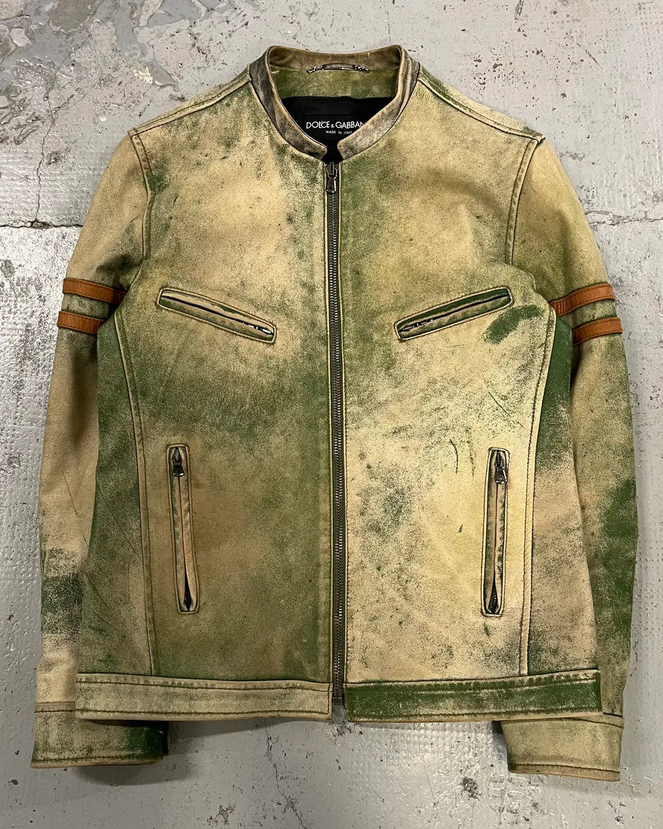 2000s Dolce & Gabbana Faded Green Eroded Leather Moto Jacket msLWcDr 3